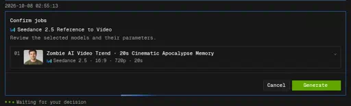 Confirm jobs card showing Seedance 2.5 Reference to Video at 16:9, 720p, 20 seconds