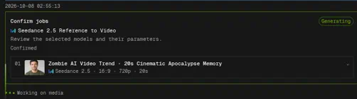 Confirm jobs card showing the zombie love story video generating