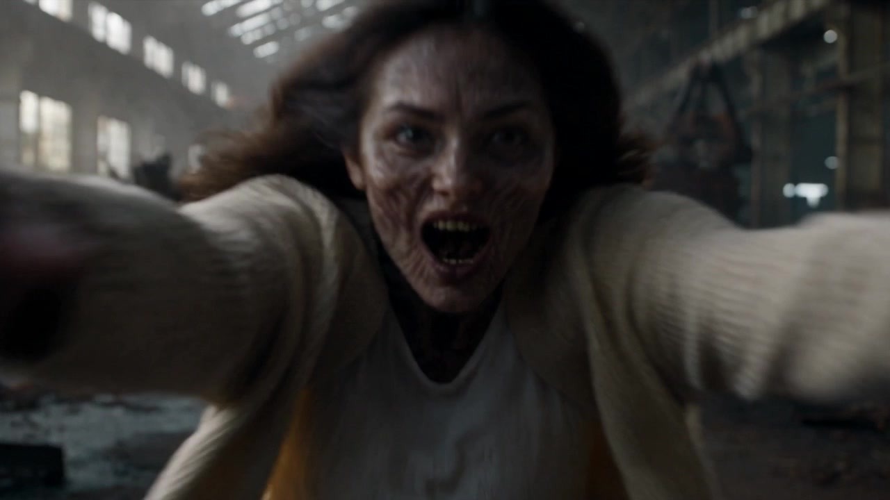 The infected woman lunging at the camera with her arms outstretched