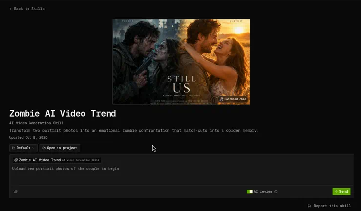 Zombie AI Video Trend skill page on PoloX AI with the agent input box below