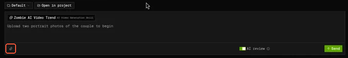Agent input box with the paperclip upload icon highlighted in the bottom-left corner