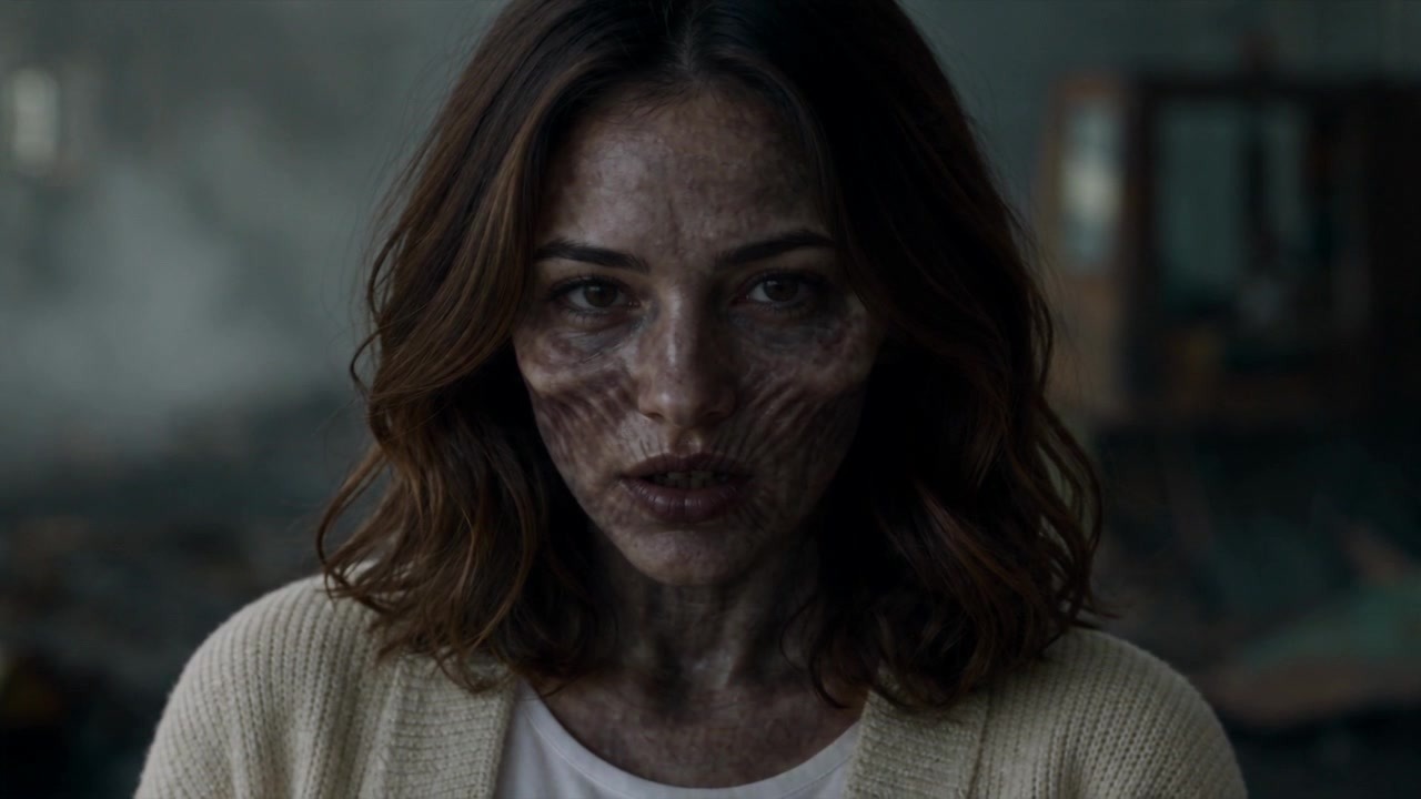 Close-up of the infected woman with dark cracked infection marks on her face