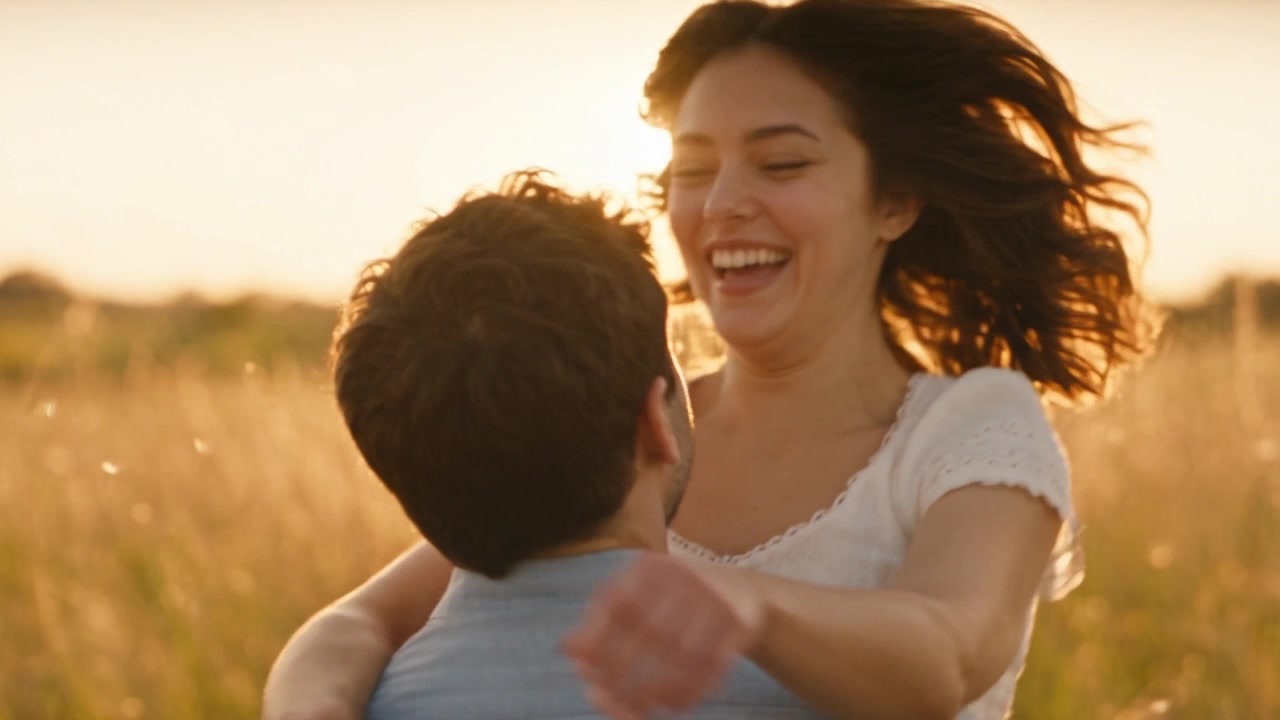 Match cut to a golden meadow where the woman leaps laughing into the man's arms