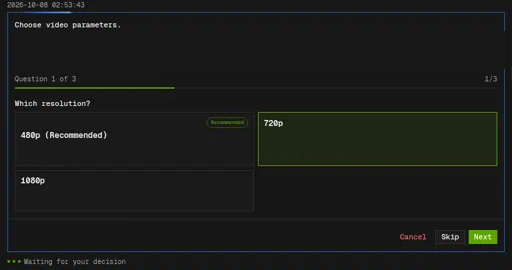 Video settings card with 720p resolution selected