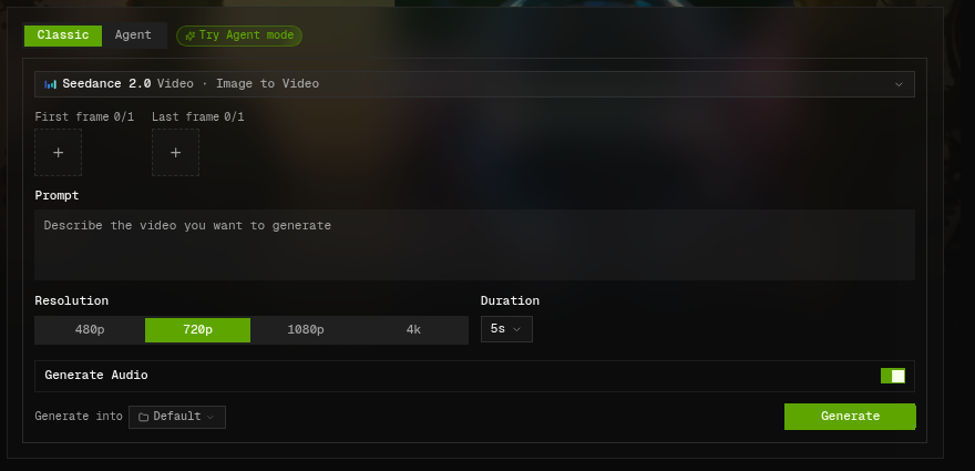Seedance 2.0 image-to-video settings with First frame and Last frame upload slots