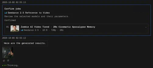 Finished zombie love story video shown as a thumbnail in the PoloX AI chat