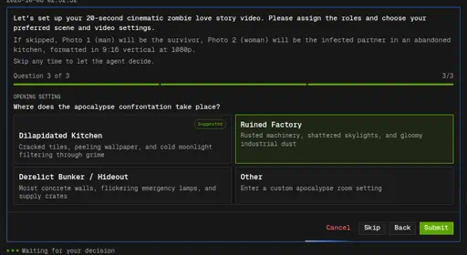 Agent choice card for the opening scene with Ruined Factory selected