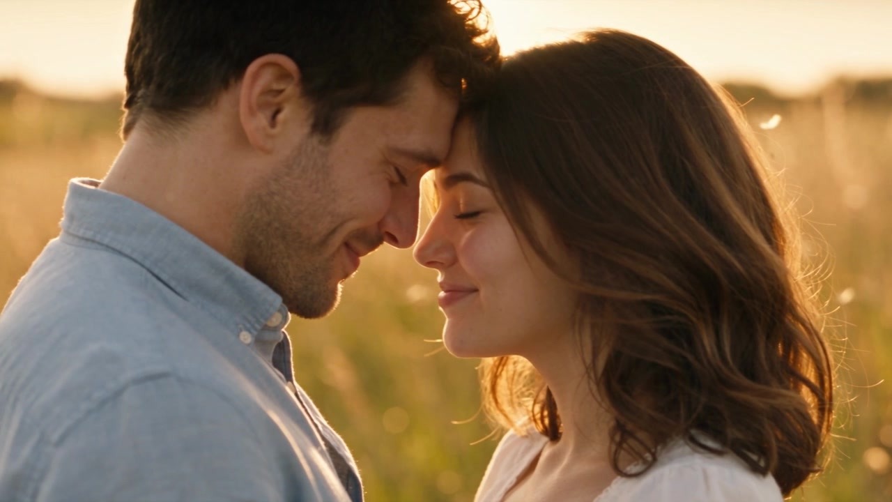 Closing close-up of the couple with foreheads touching in a golden meadow