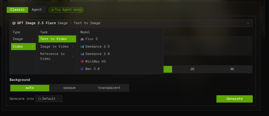 PoloX AI model picker with Type, Task and Model columns, Seedance 2.0 listed under Video