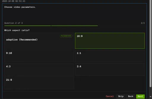 Video settings card with 16:9 aspect ratio selected
