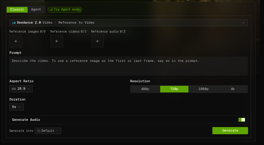 Seedance 2.0 reference-to-video settings with reference image, video and audio uploads
