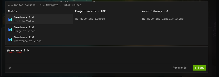Typing @seedance 2.0 in the agent lists the three Seedance 2.0 modes