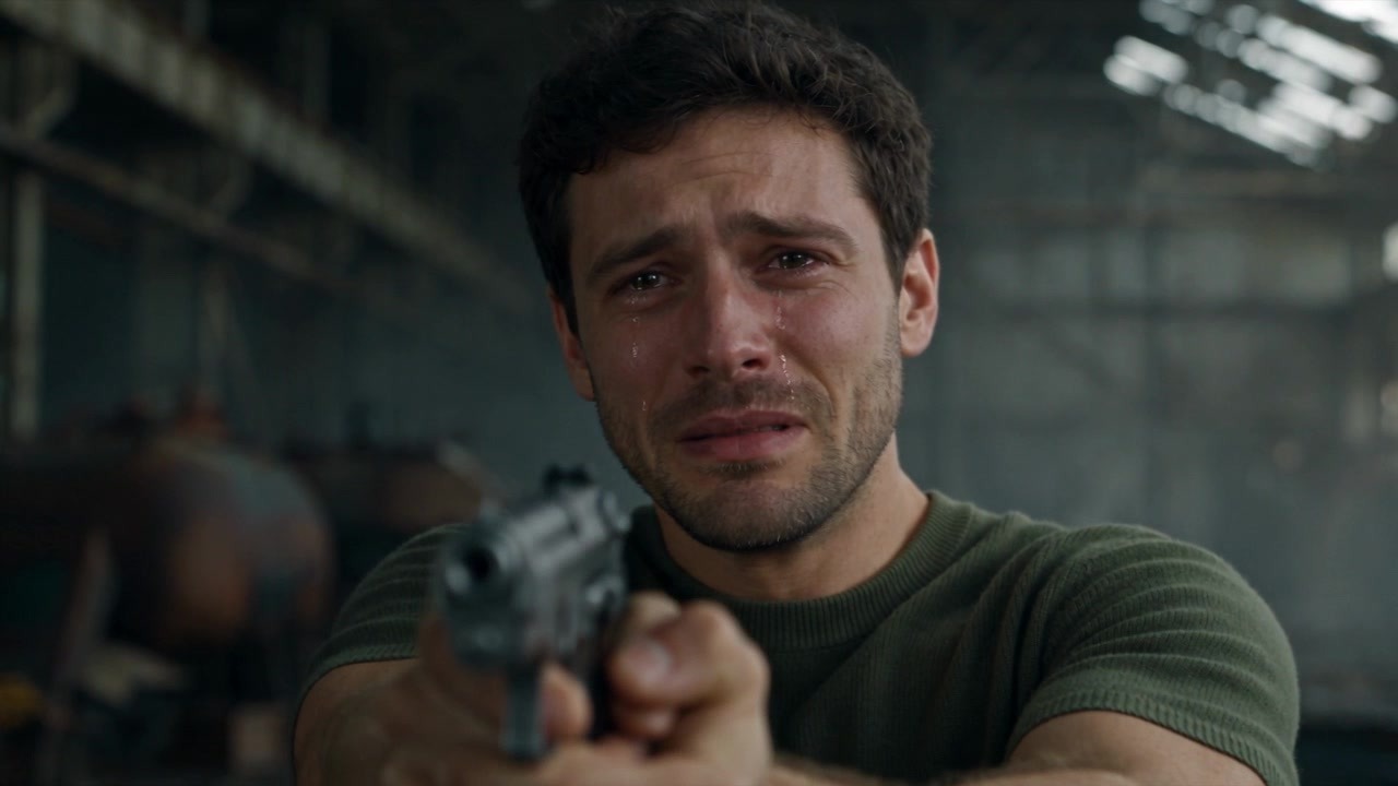 The survivor in tears aiming a gun with both hands in the ruined factory