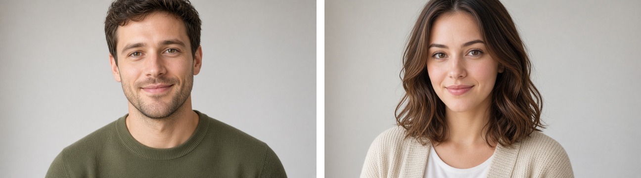 Two input portrait photos: a man in a green crewneck sweater and a woman in a beige cardigan, both AI-generated