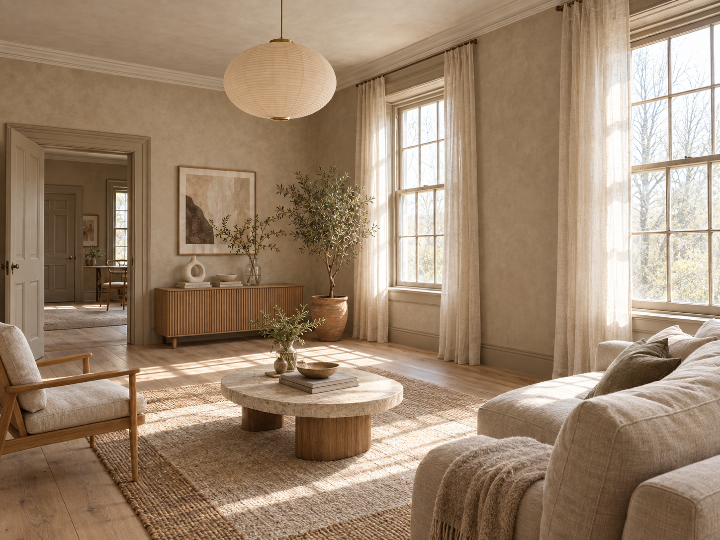 Scandinavian modern parlor with warm beige plaster walls, refinished light wood floors, a paper pendant lamp, linen sofa, round coffee table, and sheer curtains.