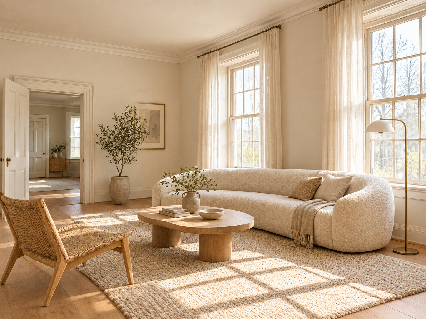 Restored Scandinavian living room with smooth cream walls, a curved bouclé sofa, woven accent chair, low wooden coffee table, woven rug, and sunlight through tall windows.