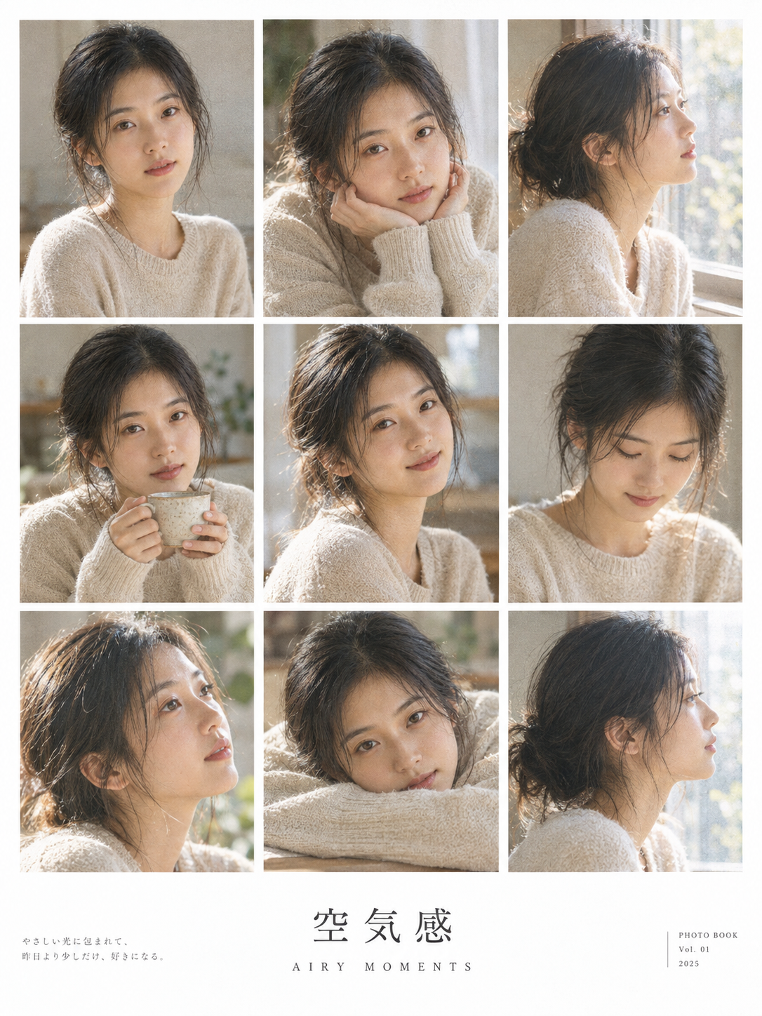 Japanese photobook page featuring a 3x3 grid of a woman in various soft, candid poses, with Japanese text and 'AIRY MOMENTS' printed at the bottom.