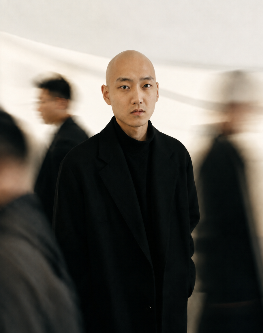 The same person realistically depicted with a completely smooth, shaved bald head, keeping the identical black outfit, neutral expression, and soft background.