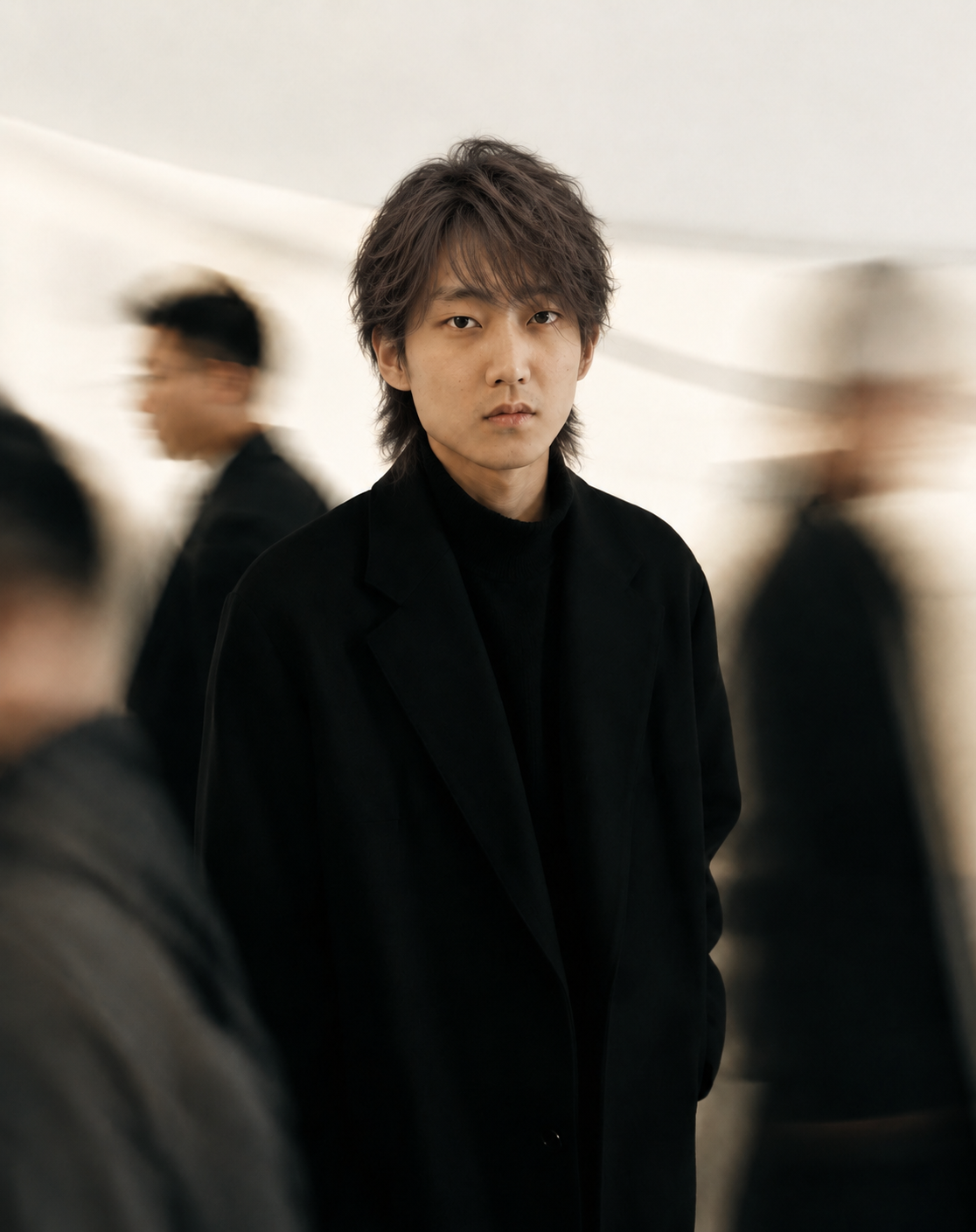 Restyled portrait of the young Asian man sporting textured side-swept ash bangs, retaining the original motion-blurred background figures.