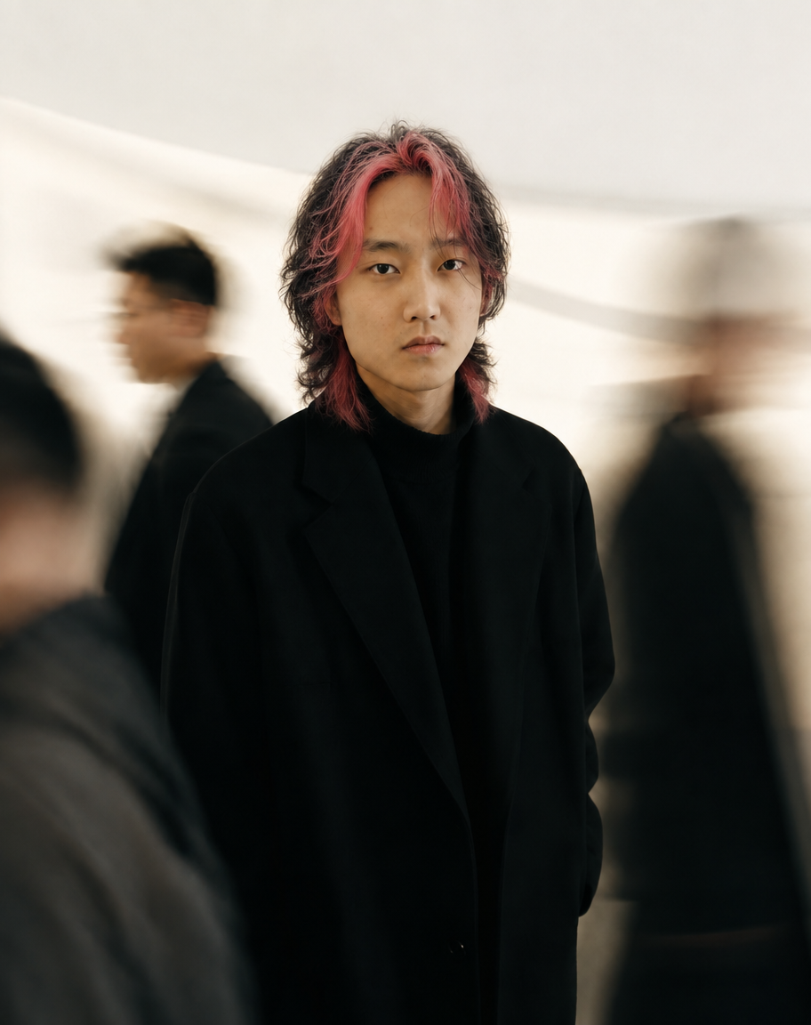 Portrait of a young Asian man in a black coat and turtleneck with pink-highlighted wavy hair, surrounded by motion-blurred figures.