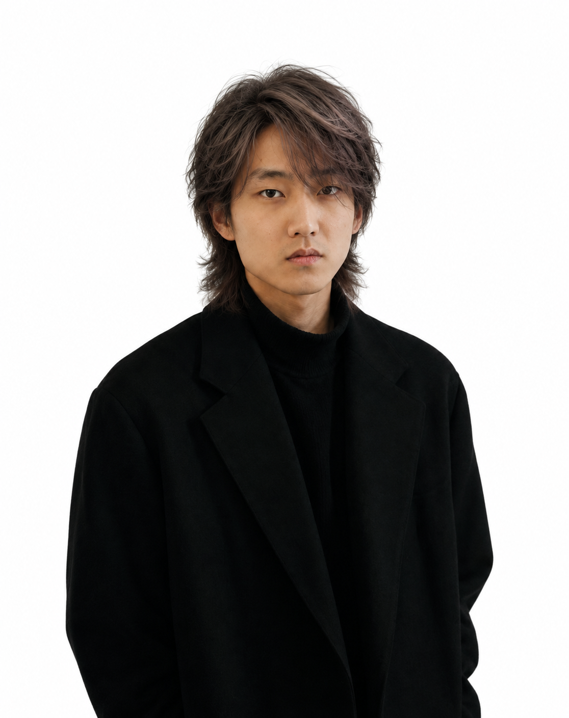 Portrait of the young Asian man with casual side-swept bangs in an ash brown shade, isolated against a plain white background.