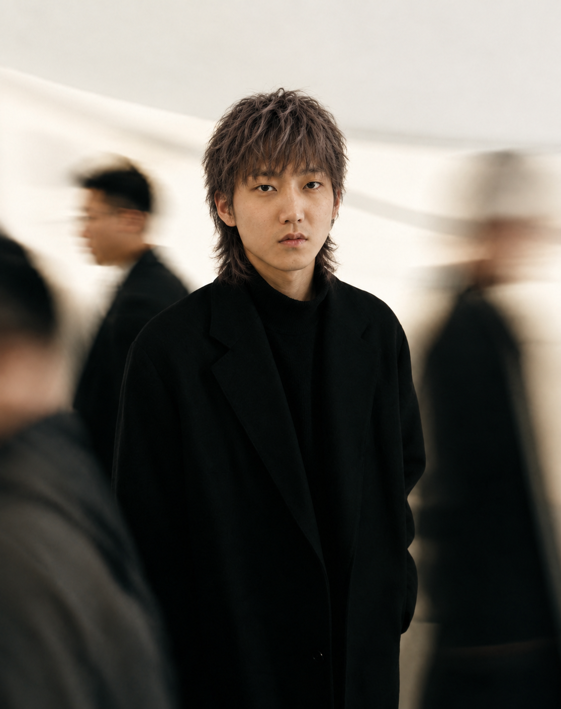 The same man restyled with a textured, piecey French crop fringe swept forward over his forehead in a cool ash brown shade.