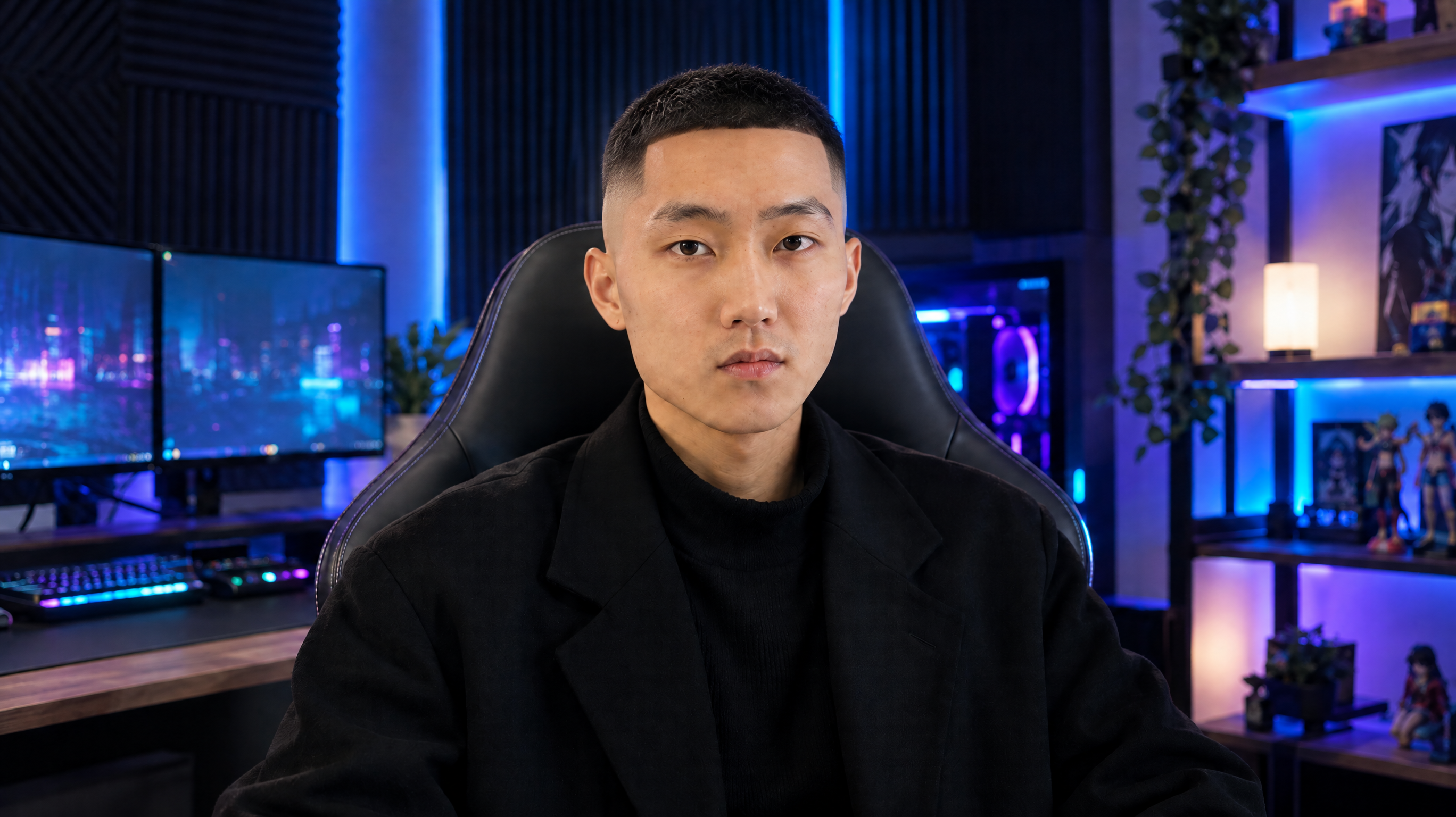 The same young Asian man wearing a black blazer, now sporting a sharp jet-black buzz cut with a high skin fade, seated in his gaming room.