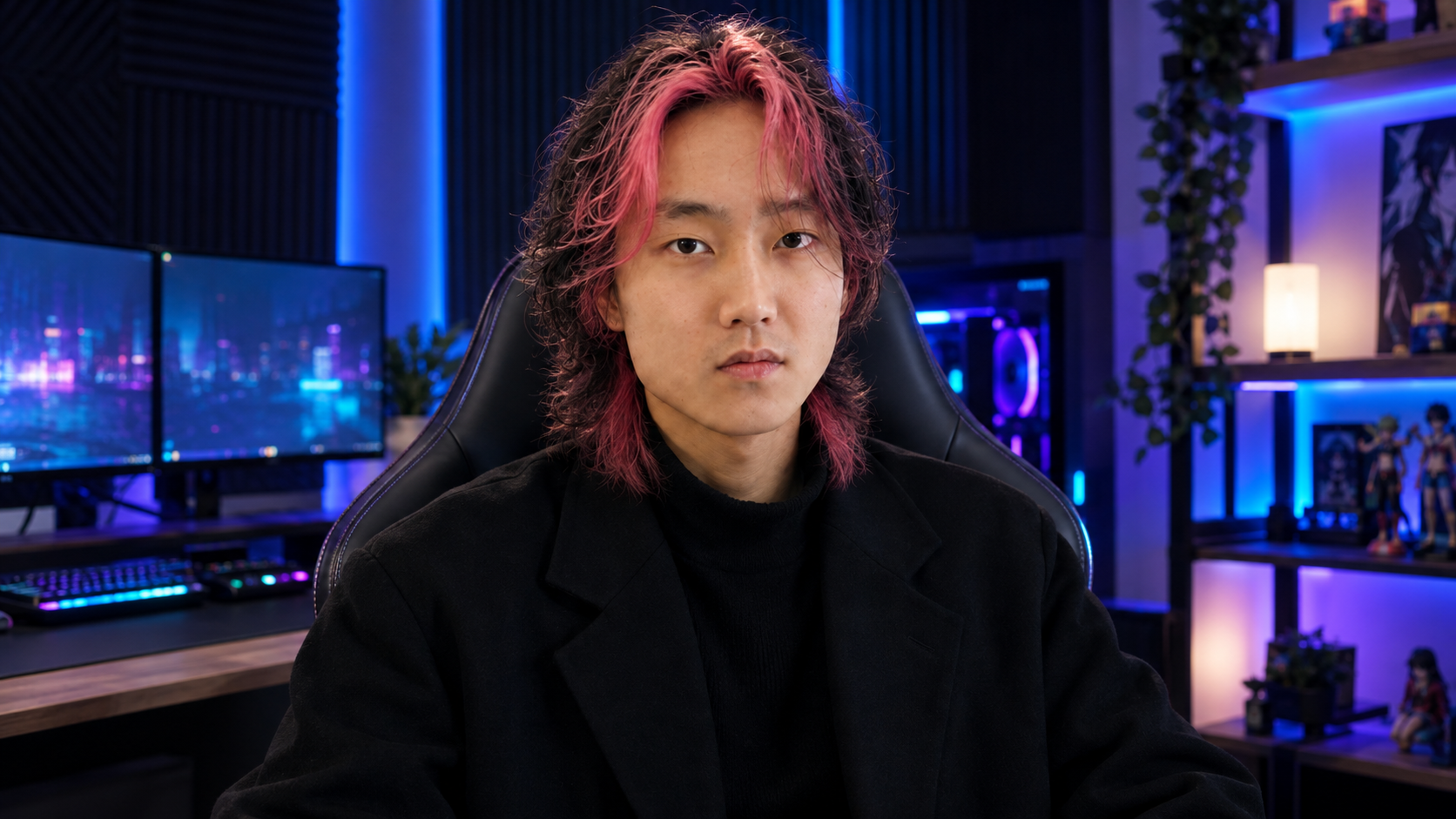 A young Asian man with medium-length wavy dark hair and bright pink front highlights, sitting in a black gaming chair in a neon-lit room.