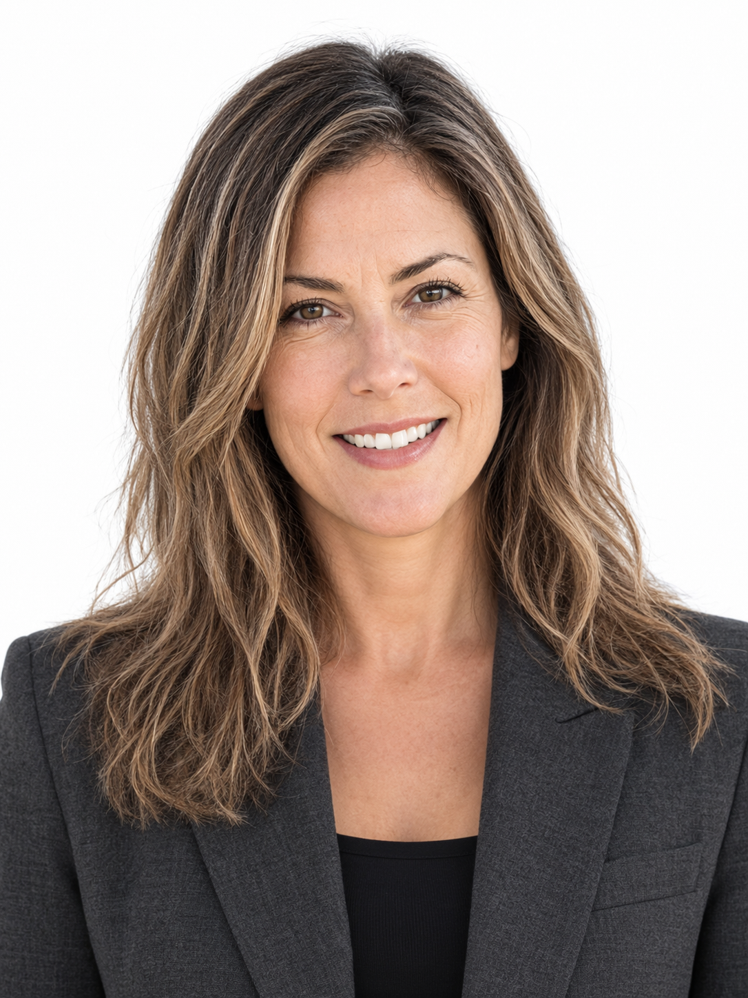 Executive studio portrait of the woman smiling, dressed in a charcoal gray blazer and black top against a solid white background.