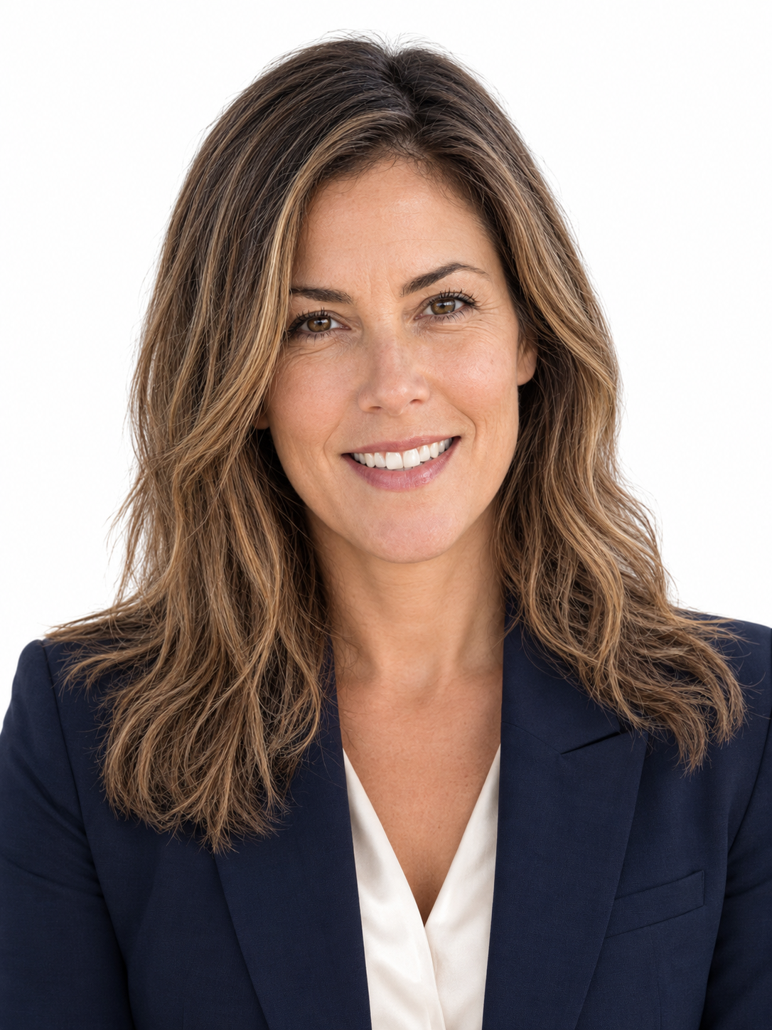 Professional business headshot of the woman smiling warmly, wearing a deep navy blue blazer over an ivory blouse against a white background.