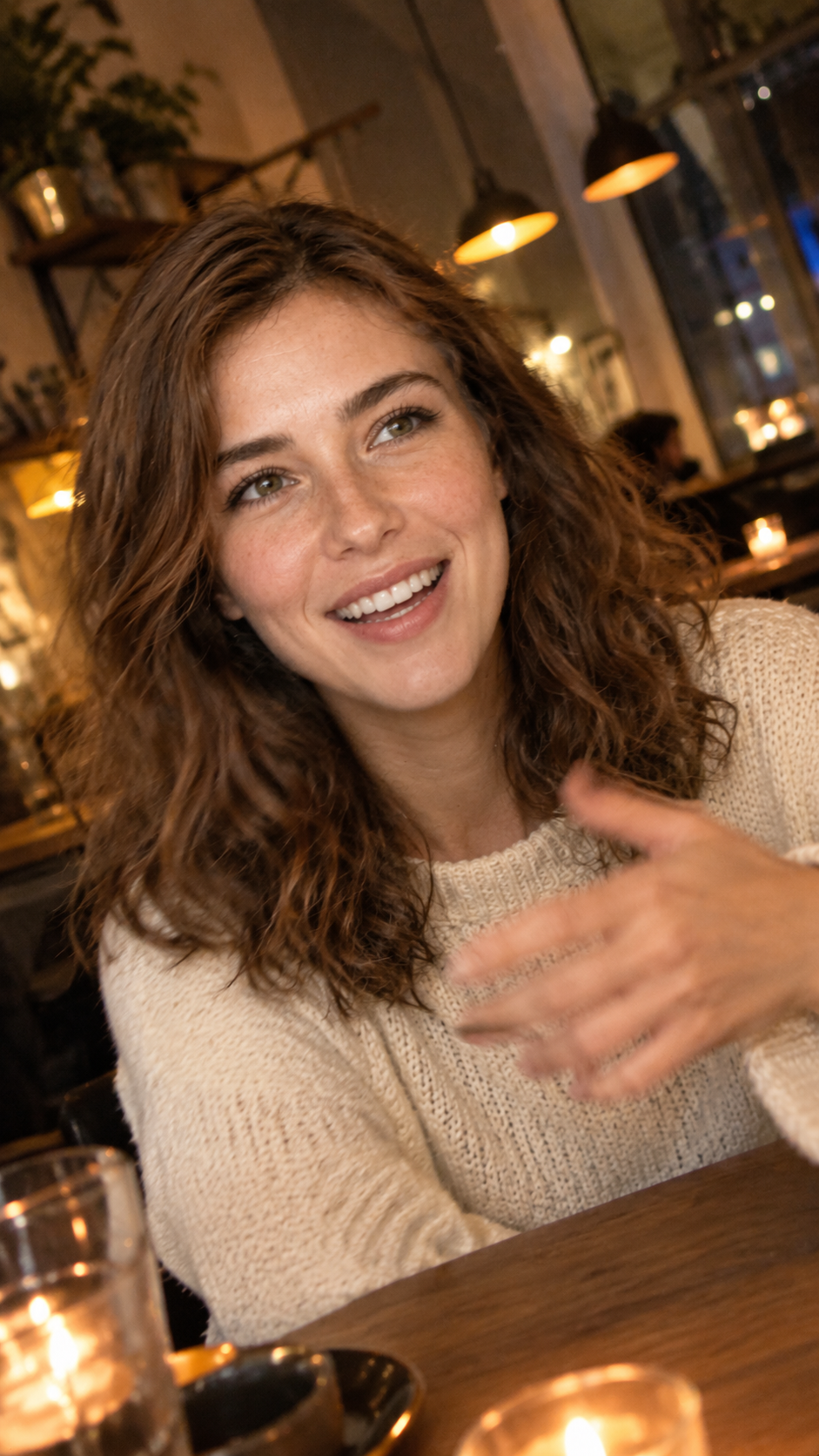 Candid photo of a woman laughing mid-conversation at a cafe table, lit by warm candlelight with slight motion blur on her gesturing hand and a tilted frame.