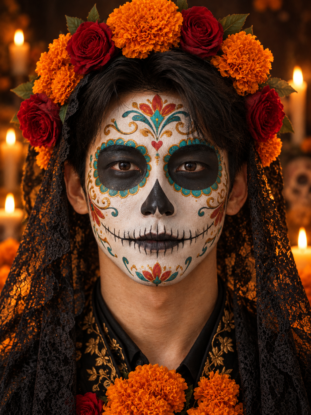 Portrait of the same man styled in full Day of the Dead Catrina makeup, wearing a crown of orange marigolds and red roses with a black lace veil.