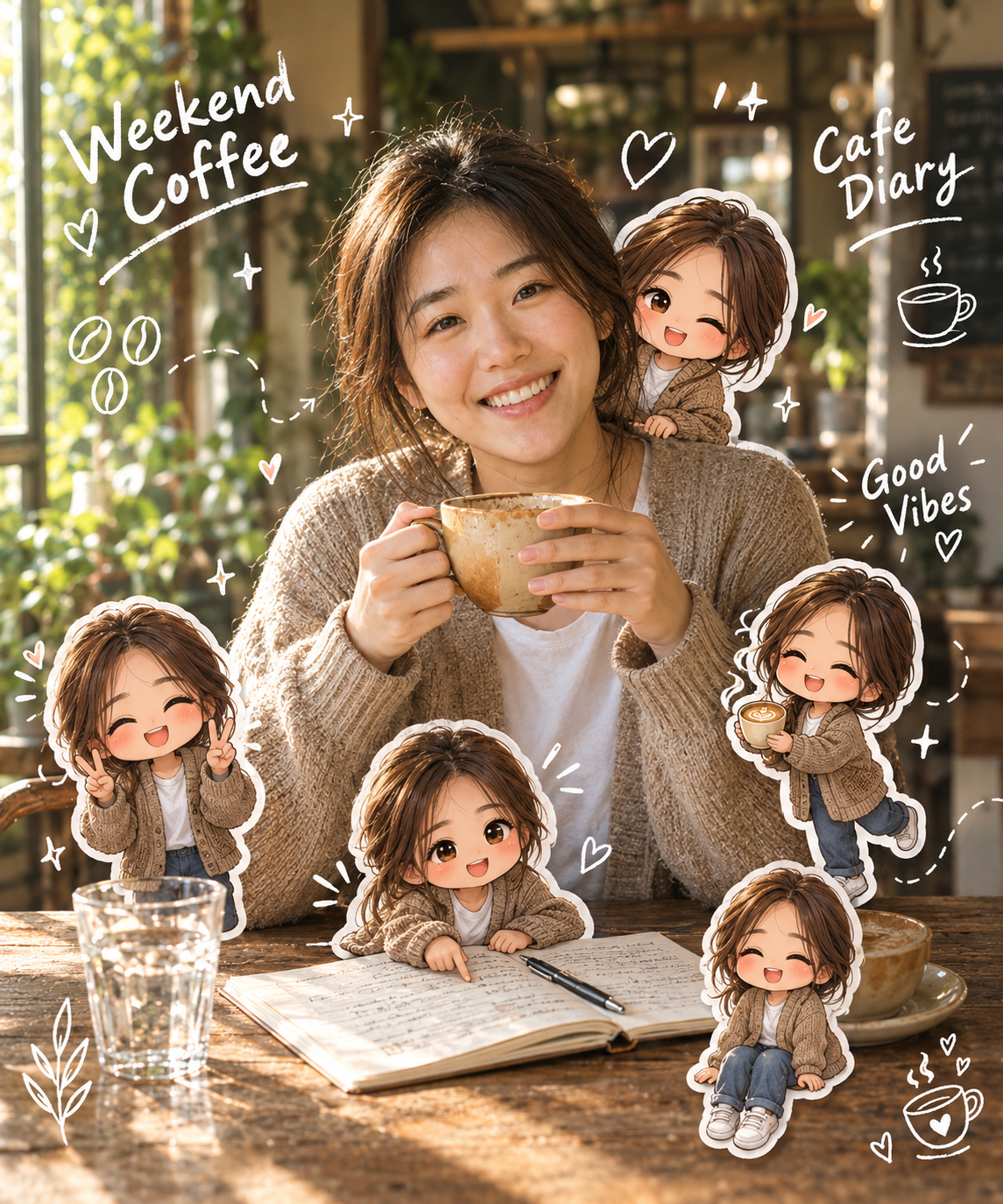 A cafe photo surrounded by five cute chibi sticker cutouts of the woman, adorned with white doodles of coffee cups, hearts, and handwritten diary phrases.