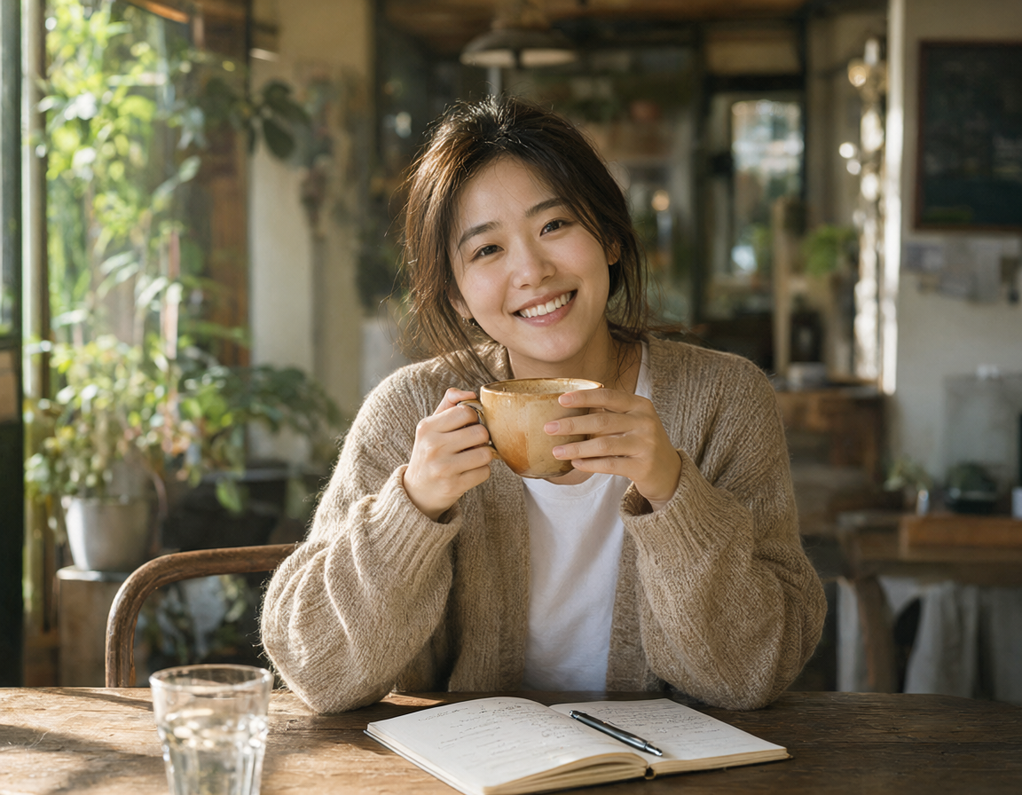 A smiling young East Asian woman holding a ceramic mug at a sunny cafe table with a notebook, pen, and glass of water.