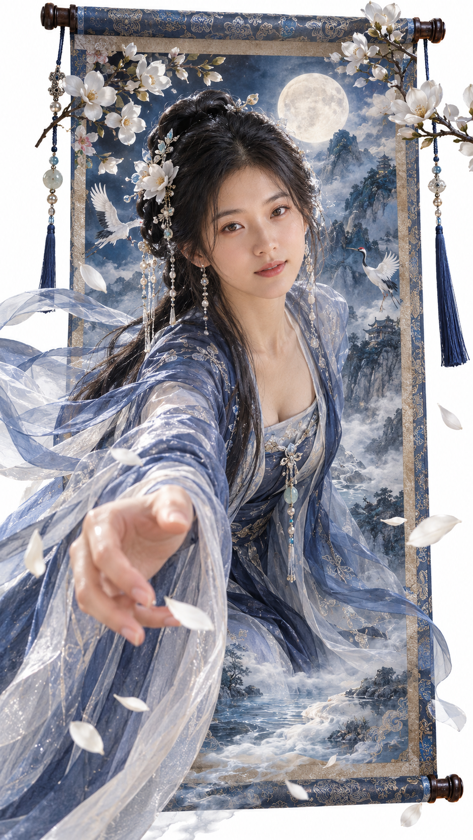 Fantasy portrait of the same woman wearing flowing blue and silver Hanfu robes, stepping out of an antique hanging scroll with cranes, magnolias, and a full moon.