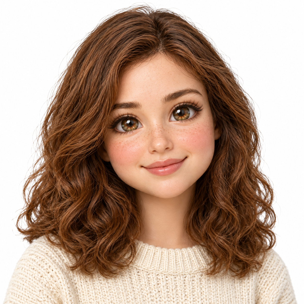 3D stylized doll avatar of the woman, featuring large glossy hazel glass eyes, rounded rosy cheeks, subtle freckles, and wavy brown hair wearing a cream knit sweater.