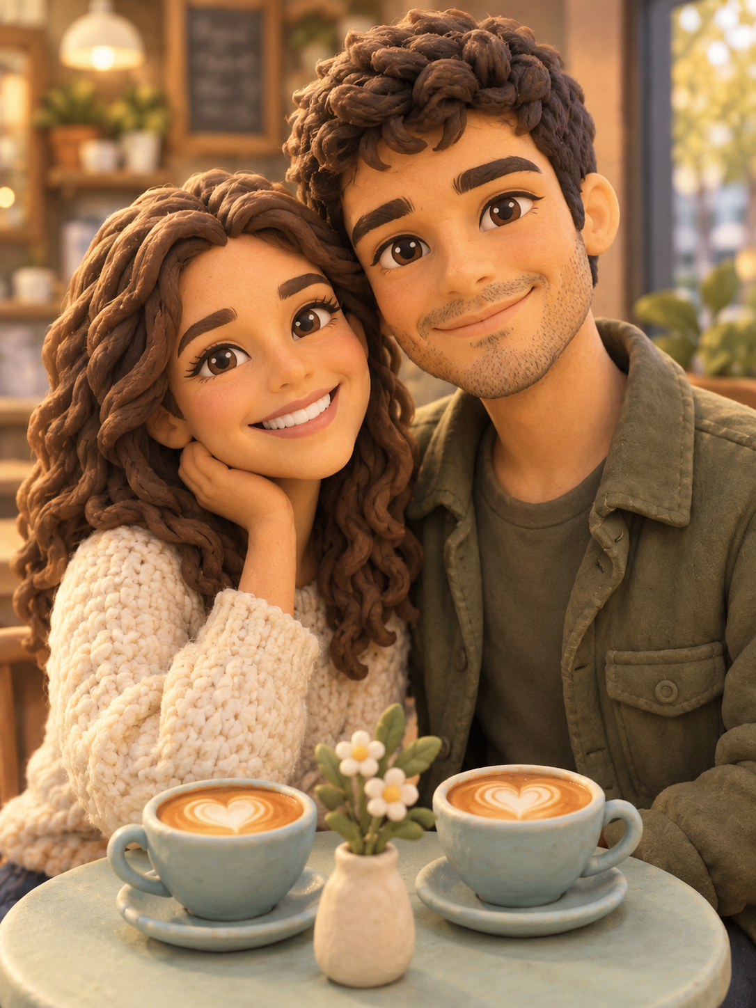 Handcrafted claymation figurines of a smiling couple seated at a café table with two miniature cups of heart latte art and a tiny flower vase.