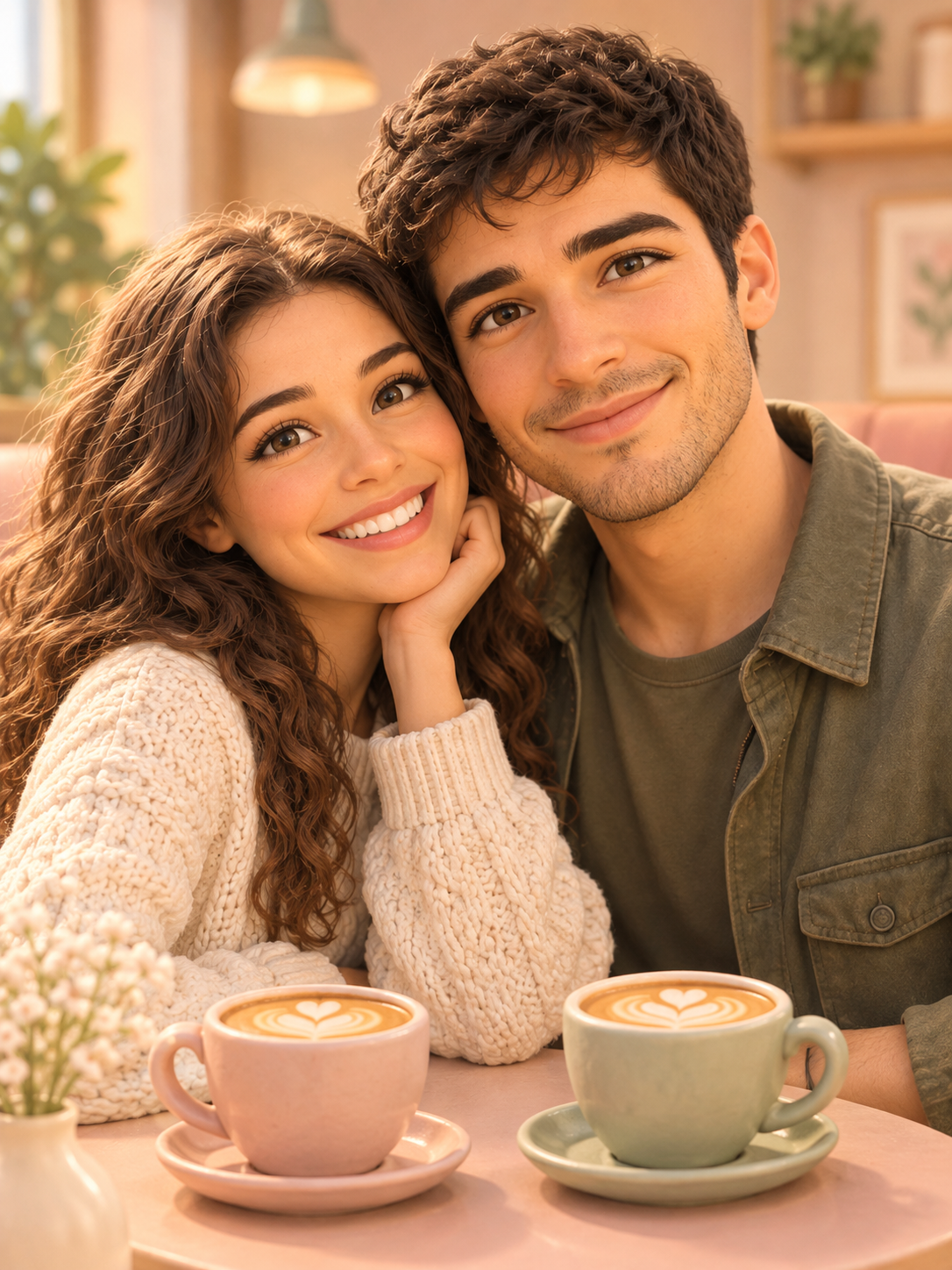 Stylized 3D digital illustration of a smiling couple sitting together at a pink café table behind two pastel mugs with latte art.
