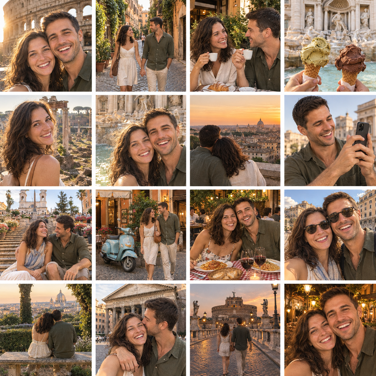 A 4x4 photo contact sheet showing a couple enjoying Rome, featuring candid selfies, gelato cones, historic ruins, outdoor dining, and sunset views.