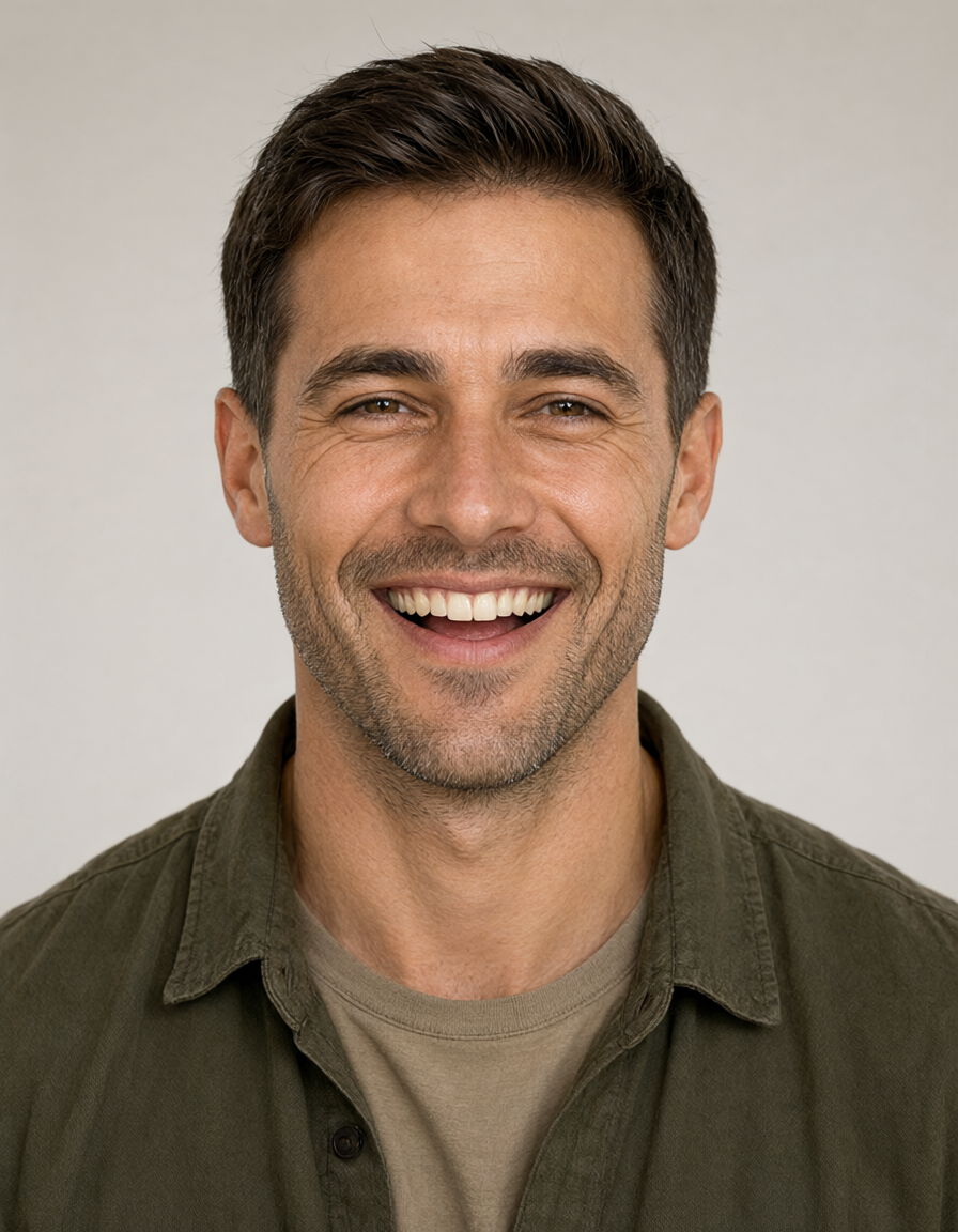 Studio headshot of a smiling man with short dark hair and light stubble wearing an olive green button-down shirt.
