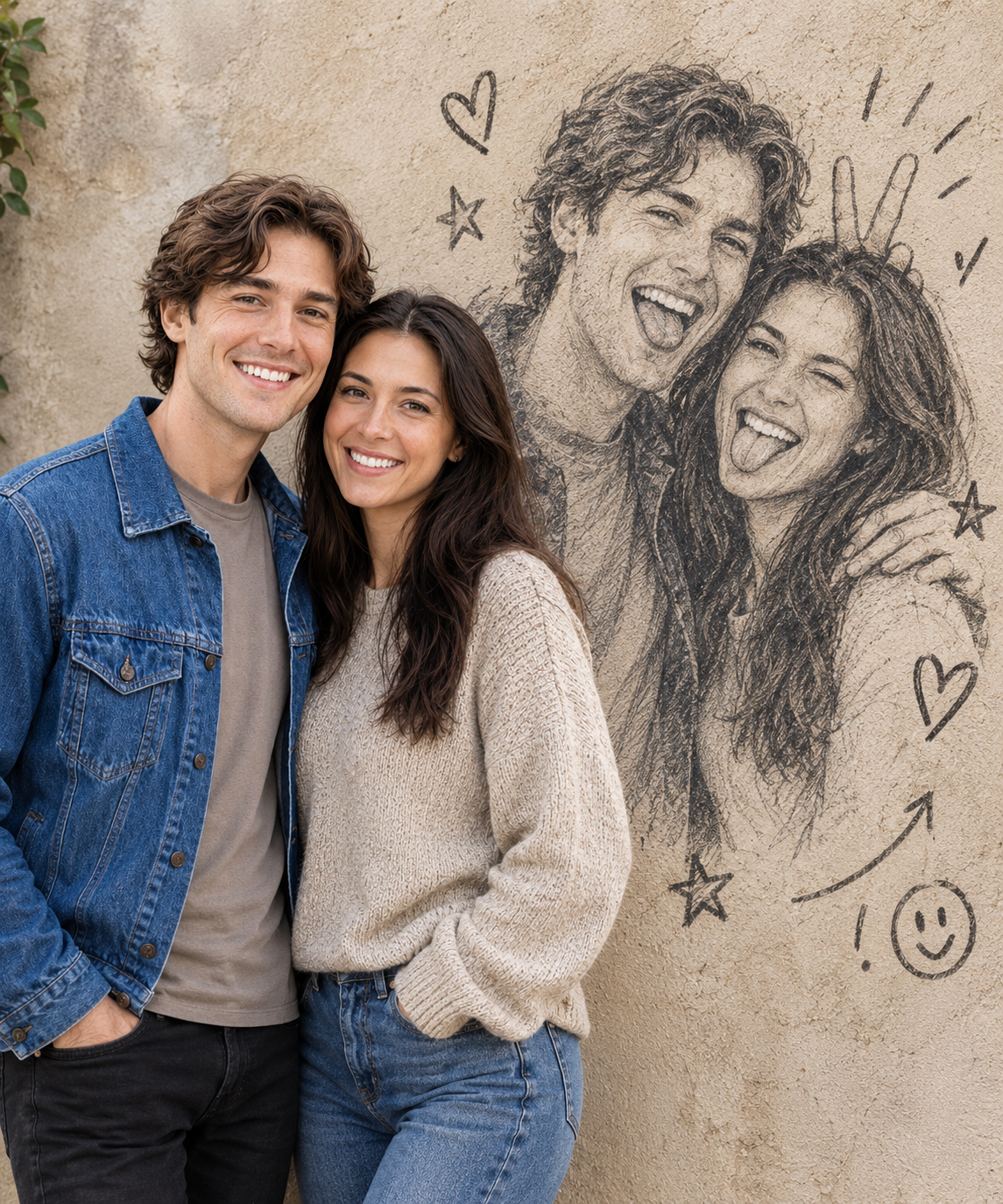 Couple posing against a beige stucco wall featuring a charcoal sketch mural of them making silly faces, decorated with hand-drawn stars, hearts, and doodles.