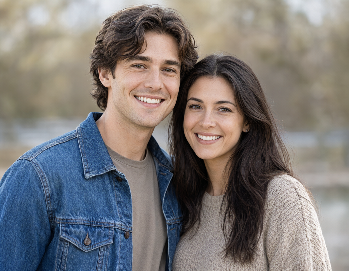 Smiling young man in a blue denim jacket standing closely beside a smiling brunette woman in a beige knit sweater.