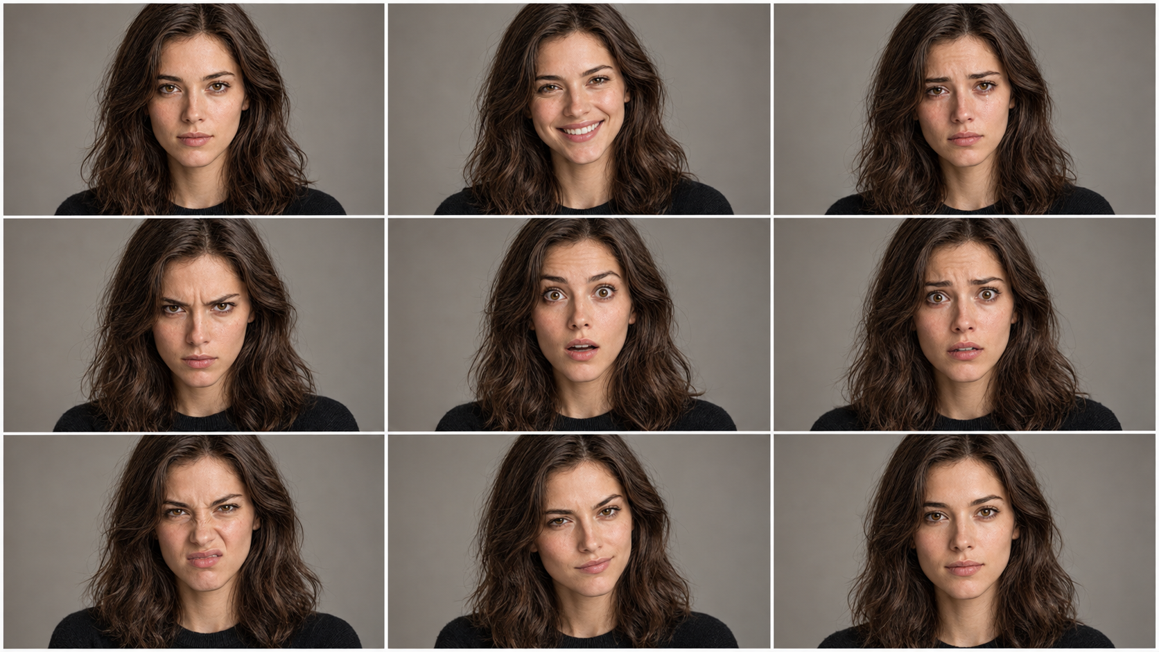 A 3x3 photo grid showing the same brunette woman displaying nine different acting emotions, including neutral, joy, sadness, anger, surprise, fear, disgust, contempt, and calm.