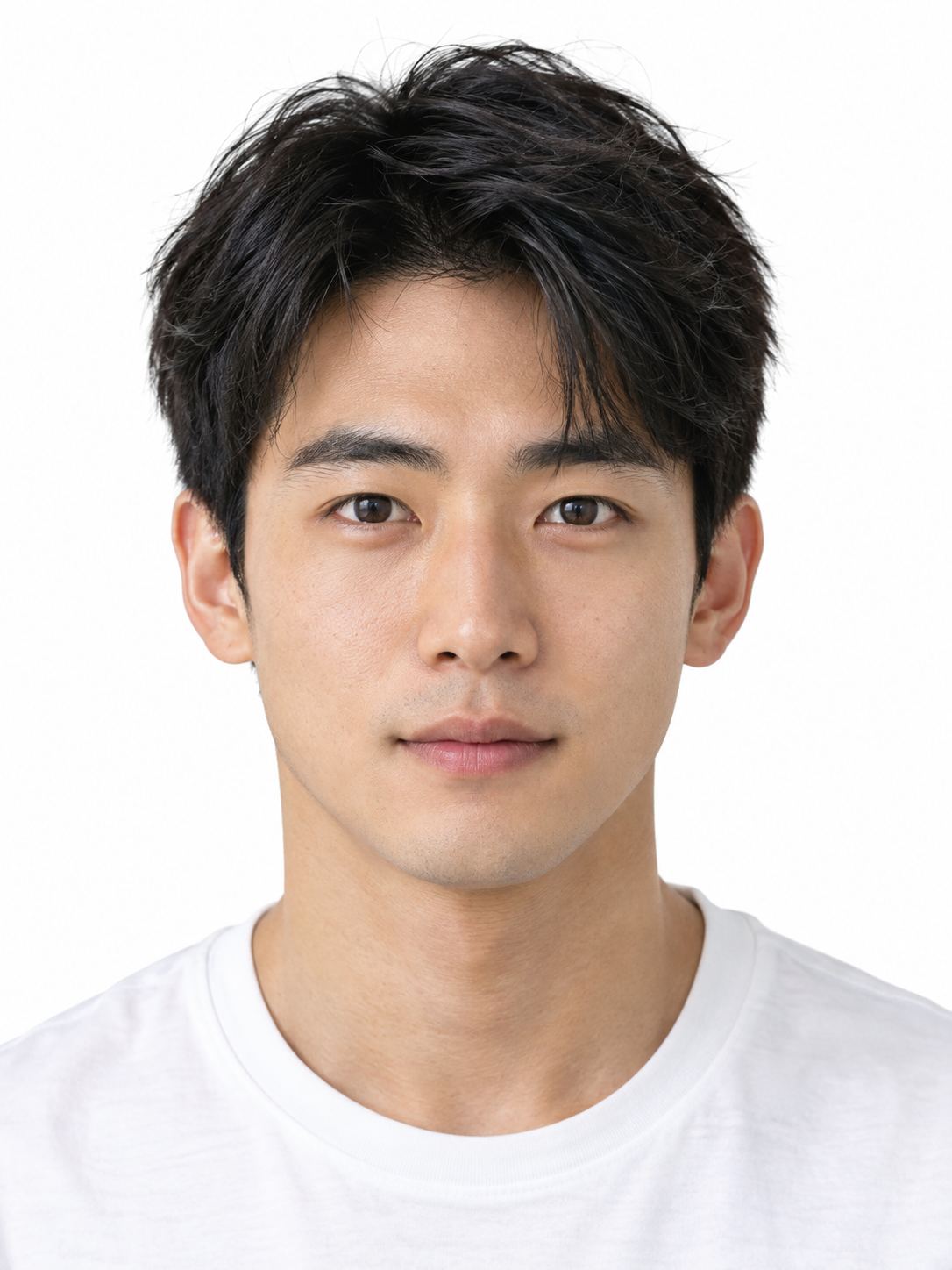 Studio portrait of a young Asian man with dark brown eyes, black hair, and a white t-shirt against a white background.