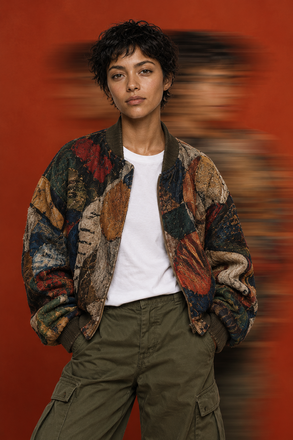 Mid-thigh portrait of a woman in an earthy patchwork bomber jacket and cargo pants against an ochre-red backdrop, featuring a motion-blurred echo behind her.