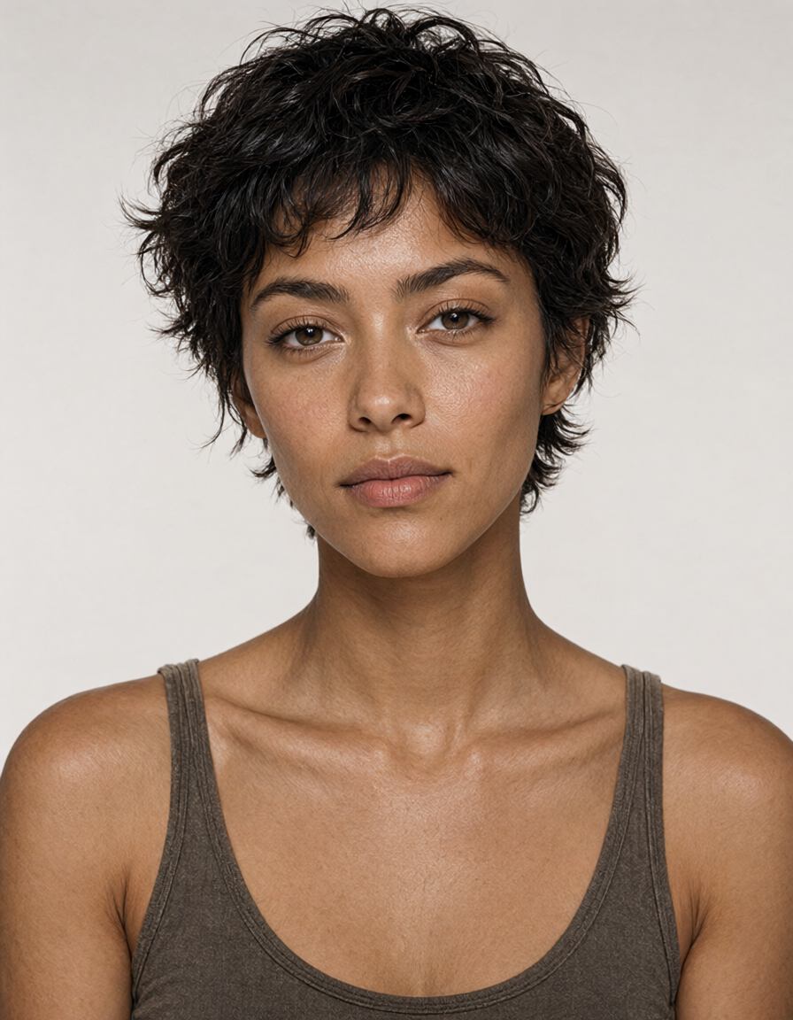 Close-up studio portrait of a woman with short, curly dark hair and light brown eyes against a plain light gray background.