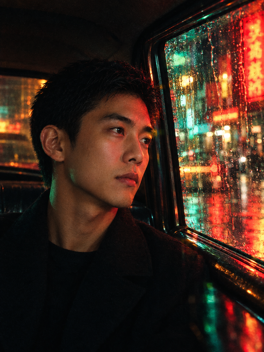 Cinematic portrait of the young man inside a vintage car at night, gazing out a rain-covered window illuminated by colorful red and teal neon city lights.