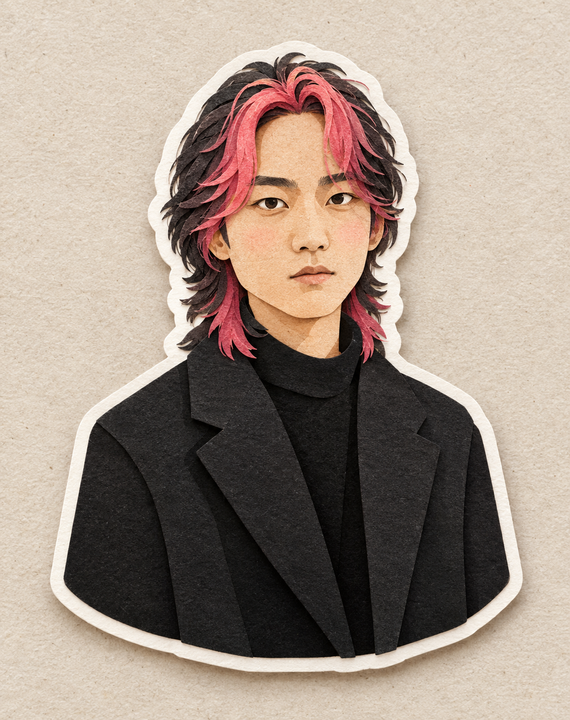 Layered paper-cut sticker portrait of a person with black and vivid pink hair, wearing a black coat, framed by a white die-cut border on textured craft paper.