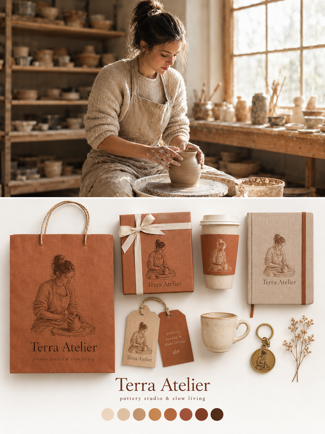Vertical split poster featuring a woman potting clay on top and a flat-lay of Terra Atelier branded bags, boxes, cups, and a journal in terracotta tones below.