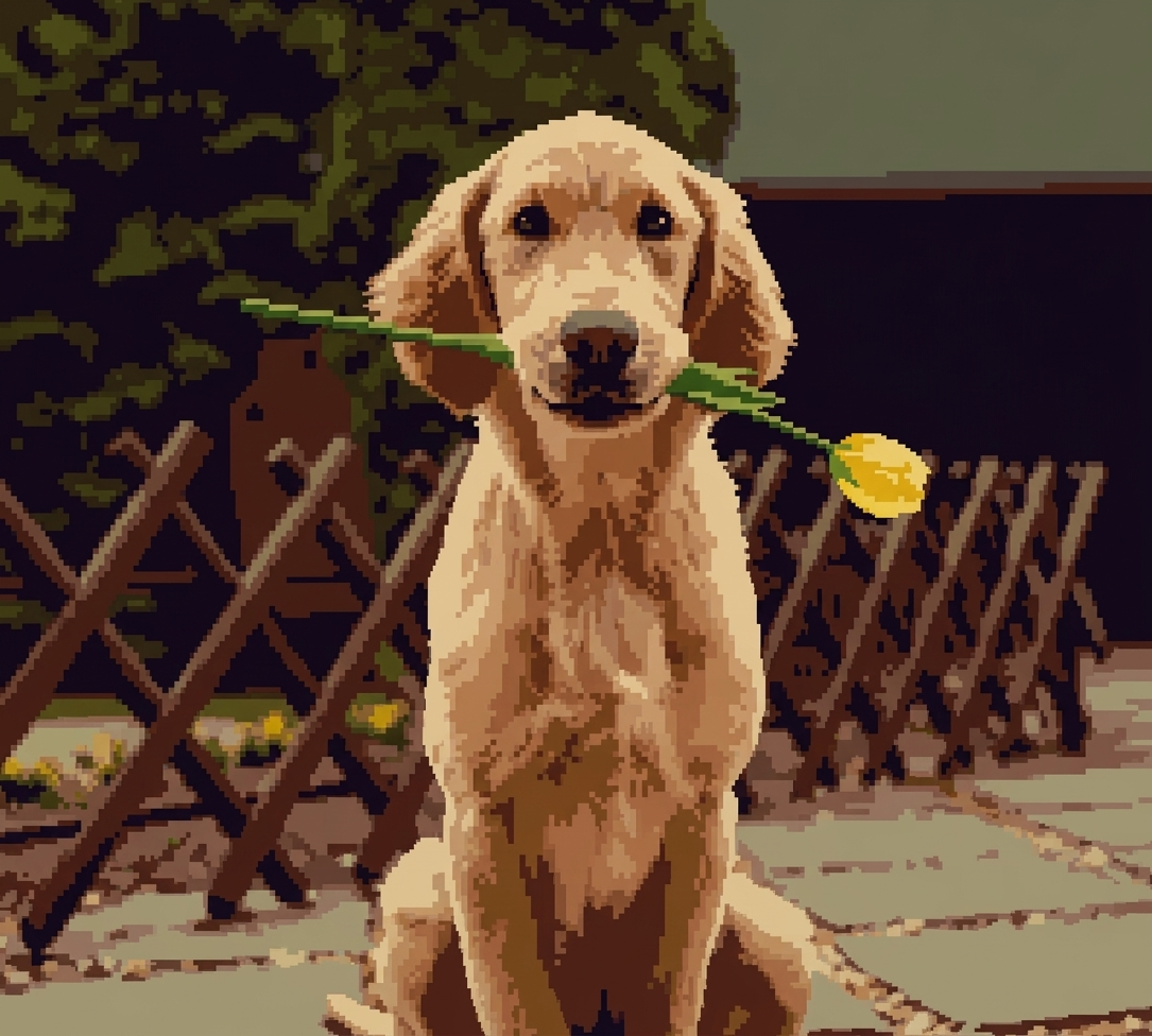 8-bit NES retro pixel art rendition of a golden retriever puppy holding a yellow tulip in its mouth.